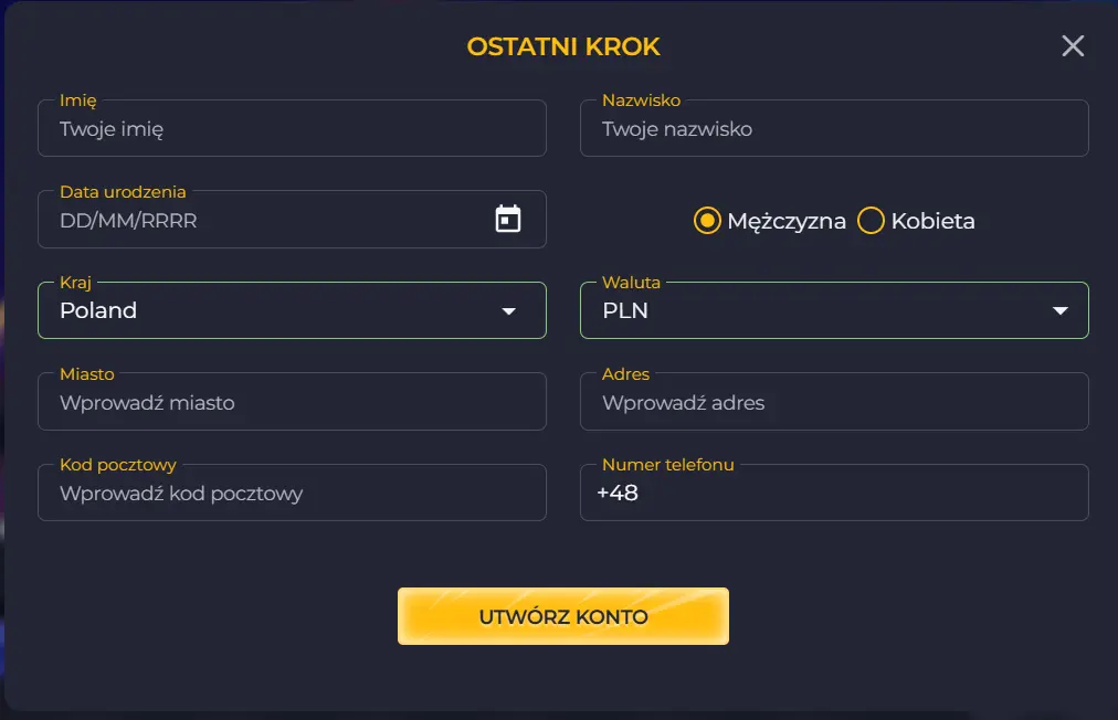 Formularz rejestracyjny kasyna Rllong Slots